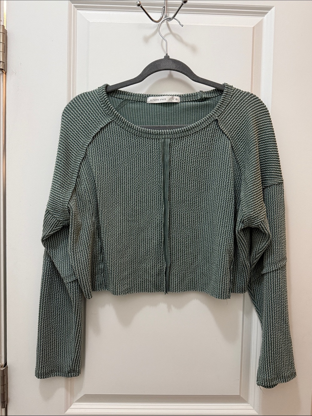 Altar'd State Cropped Waffle Knit Pullover - Sage Green